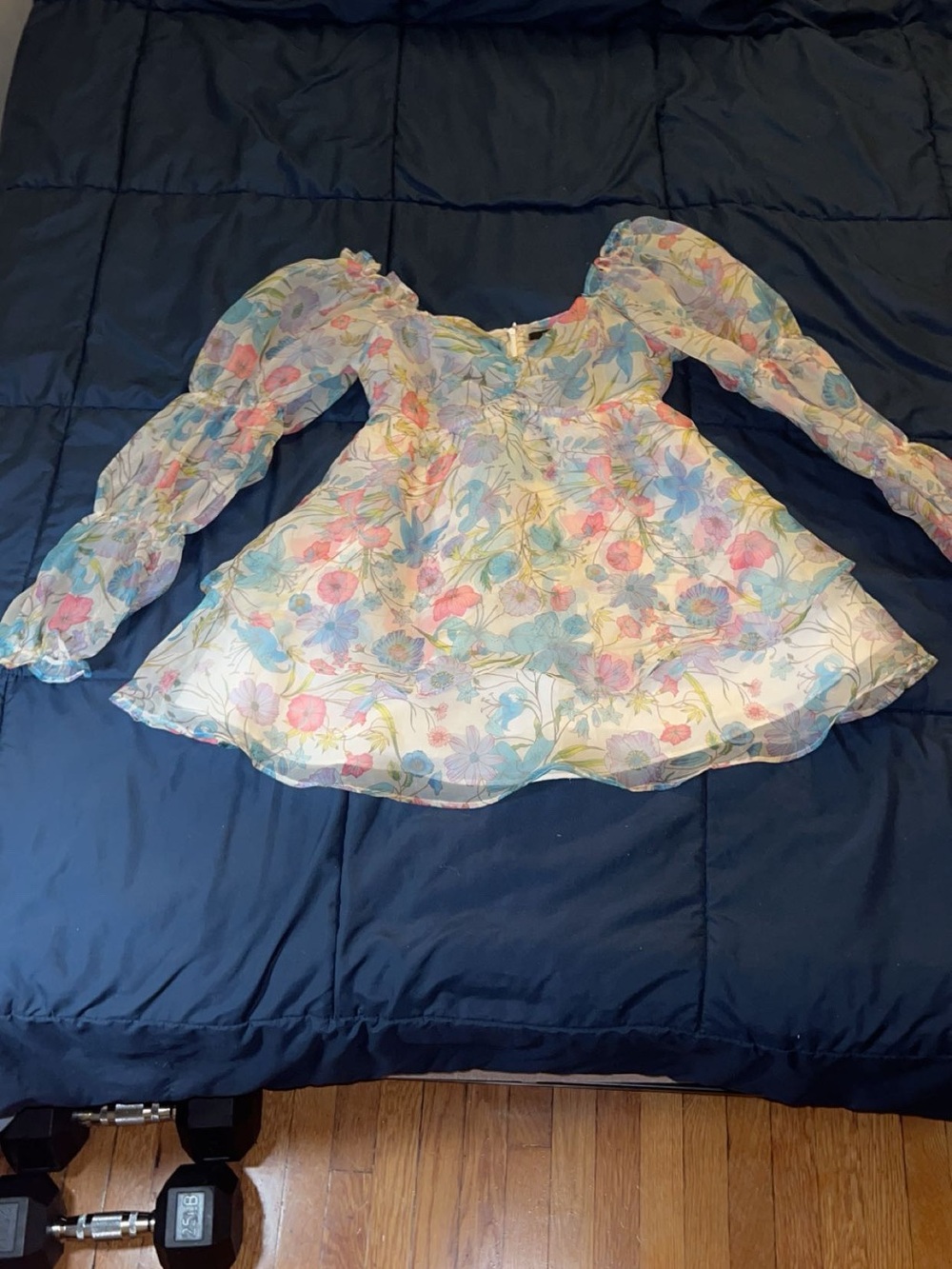 Forever 21 Pastel Floral Puff-Sleeve Chiffon Dress - Blue, Pink, Yellow
